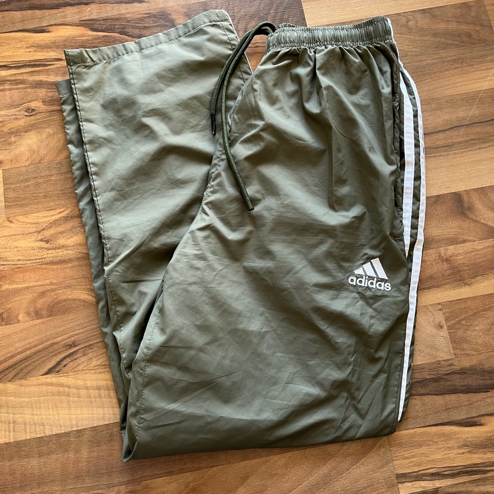Adidas Olive Green Athletic Track Pants with White Side Stripe